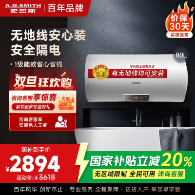 AO史密斯80升电热水器 无地线可安装 专利安全隔电 金圭内胆 速热节能 一键中温保温E80VDS 预约洗浴