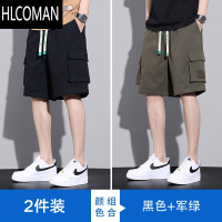 HLCOMAN黑色工装短裤男士夏季2025新款美式潮牌宽松大码直筒休闲五分裤子