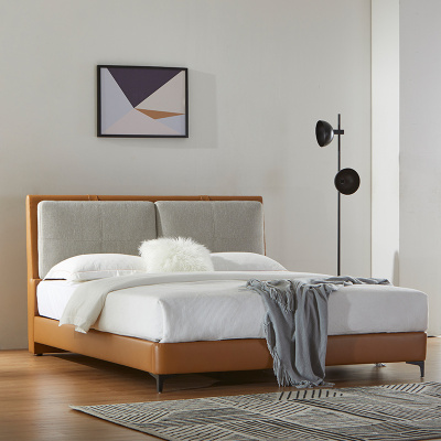 曲美家居 现代简约双人床布艺主卧大床1.8米1.5米床皮布结合床