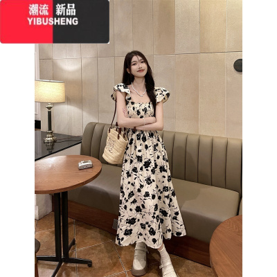 YIBUSHENG法式碎花方领飞飞袖连衣裙女季2024新款复古高级感收腰显瘦长裙