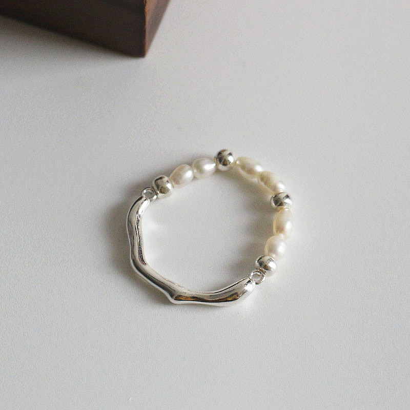 S925纯银不规则液态流线珍珠弹力绳戒指韩系博主款时髦款指环银饰送女朋友老婆情人节七夕生日礼物