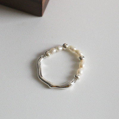 S925纯银不规则液态流线珍珠弹力绳戒指韩系博主款时髦款指环银饰送女朋友老婆情人节七夕生日礼物