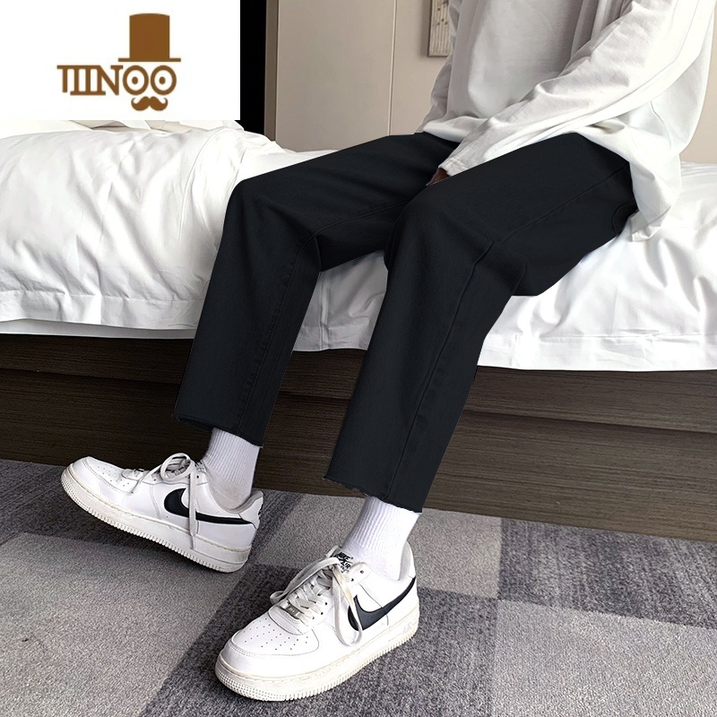 YANXU夏季黑色牛仔裤男款宽松直筒裤毛边九分裤潮牌高街长裤子男士港风