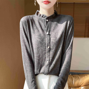 外套2025春夏新女短款木耳边半高领提花衬衣针织打底衫上衣