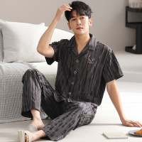 夏季纯棉男士睡衣短袖长裤开衫全棉家居服简约休闲宽松大码套装_1