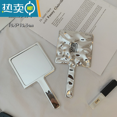 敬平ins手持双面小镜子女随身携带折叠化妆镜翻盖式不锈钢小号便携 黑色英文手柄镜便携式用镜