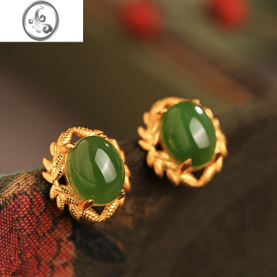 JiMi和田玉碧玉橄榄枝银银包金耳钉女 高级感轻奢玉石耳饰耳环