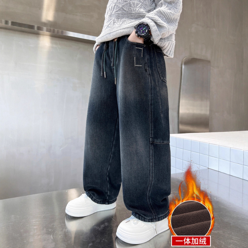 儿童装男童冬装裤子新款中大童秋冬款加绒加厚男孩冬季牛仔裤