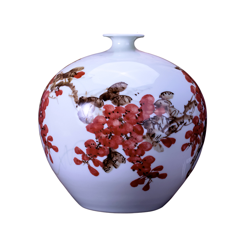 艺锦蓝 国产景德镇陶瓷器手绘石榴花瓶插花现代中式客厅装饰品酒柜