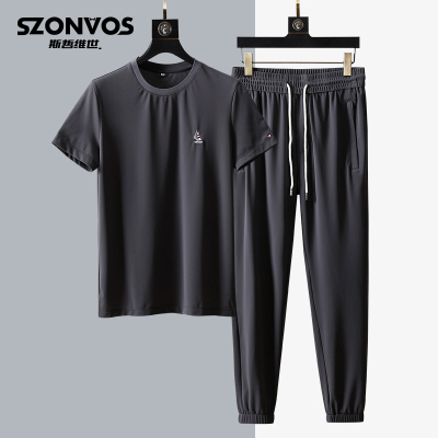 夏季四面弹运动套装男透气速干面料短袖休闲套装两件套薄