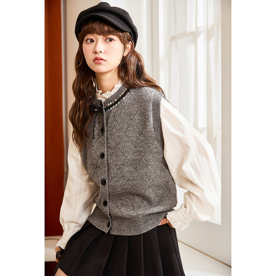 [3件8.5折101.9元,叠加优惠券]唐狮初秋韩系圆领毛衣女灰色小香风背心慵懒气质外穿毛线衫