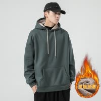 工厂秋冬新款加绒连帽卫衣长袖羊羔绒纯色宽松落肩款男士