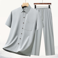 2025新款夏季衬衫男套装中老年宽松短袖透气衬衣休闲两件套
