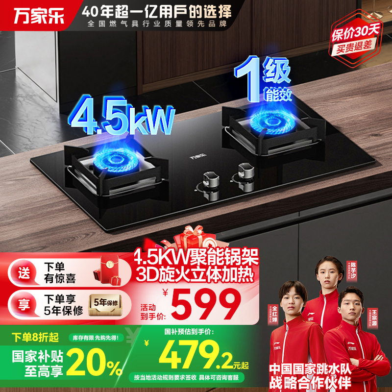 万家乐JZY-AY5猛火燃气灶具家用厨房台式嵌入式液化气煤气双灶4.5KW火力