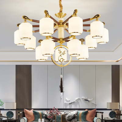 克罗斯塔 新中式全铜别墅客厅红木玉石大吊灯复式楼中空轻奢酒店餐厅灯罩朝下灯具