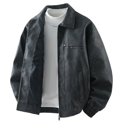 皮衣男士春秋季新款翻领皮夹克纯色PU皮衣休闲百搭青少年痞帅外套