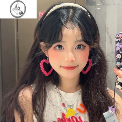 JiMi显白芭比粉耳钉夸张显脸瘦大爱心毛绒玫红色蹦迪耳环耳夹