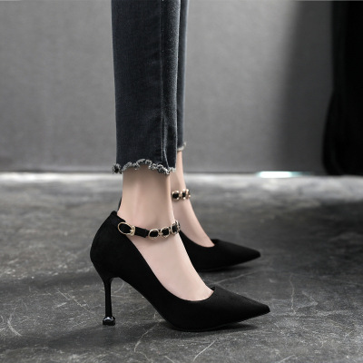 Ideamini黑色单鞋女工作职业软底礼仪面试上班一字扣尖头法式小高跟鞋细跟