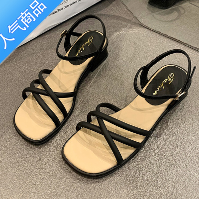 SUNTEK凉鞋女夏2023年新款时装时尚一字带中跟粗跟仙女风配裙子罗马女鞋