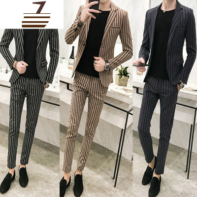 NEWLAKE秋季潮男休闲竖条纹西服套装韩版潮流帅气型师小西装男修身一套