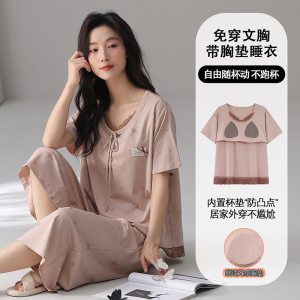 夏季2026新款睡衣女士套装圆领七分裤带胸垫甜美短袖家居服可外穿