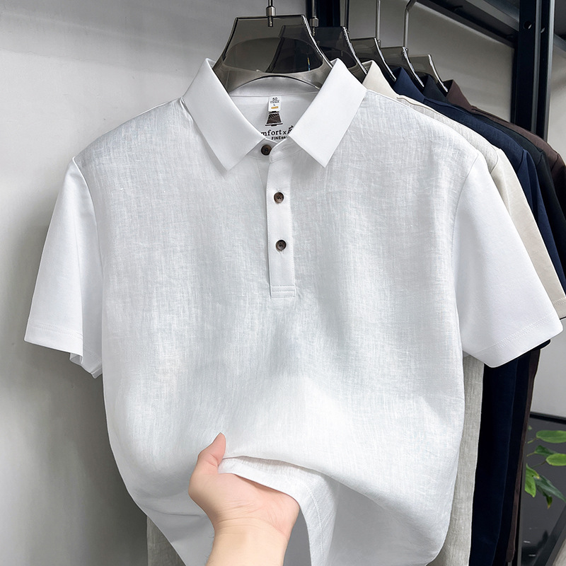 100%亚麻翻领短袖男T恤2026夏季新款中年爸爸休闲简约透气polo衫