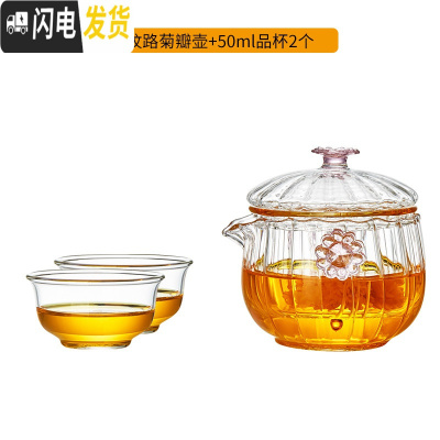 三维工匠玻璃小茶壶过滤花茶壶加厚茶水分离泡茶器小号功夫茶具套装 纹路菊瓣壶+品杯2个