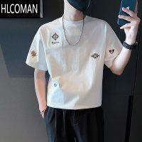 HLCOMAN2023新款夏季白色短袖t恤男潮牌印花宽松体恤上衣潮流半截袖半袖t