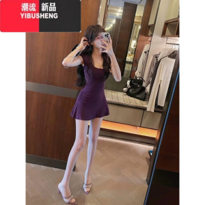 YIBUSHENG纯欲风紫色U领短袖连衣裙女季性感辣妹修身收腰显瘦A字短款裙子