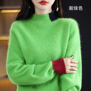 貂绒衫秋冬新款女半高领短款宽松加厚拼色羊毛针织衫打底毛衣