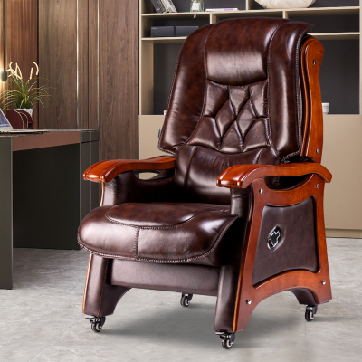 全简牛皮老板椅家用商务总裁大班椅实木可躺电脑办公椅子