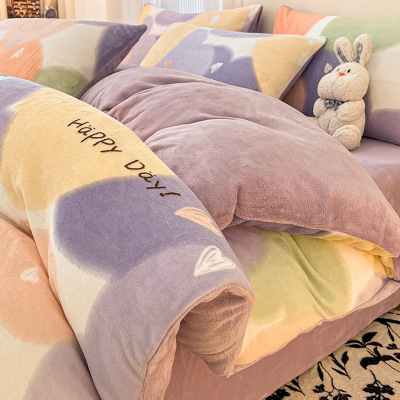 简约牛奶绒床上用品四件套冬季加绒加厚珊瑚法兰绒床单被套三件套_326