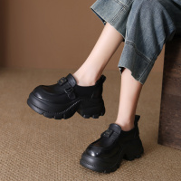 头层牛皮乐福鞋女2026春季新款英伦风圆头皮带扣厚底小皮鞋单鞋