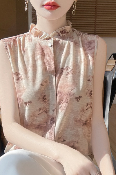 丝光2025春夏季女装新款木耳边圆领暗扣无袖衬衫晕染打底短袖上衣