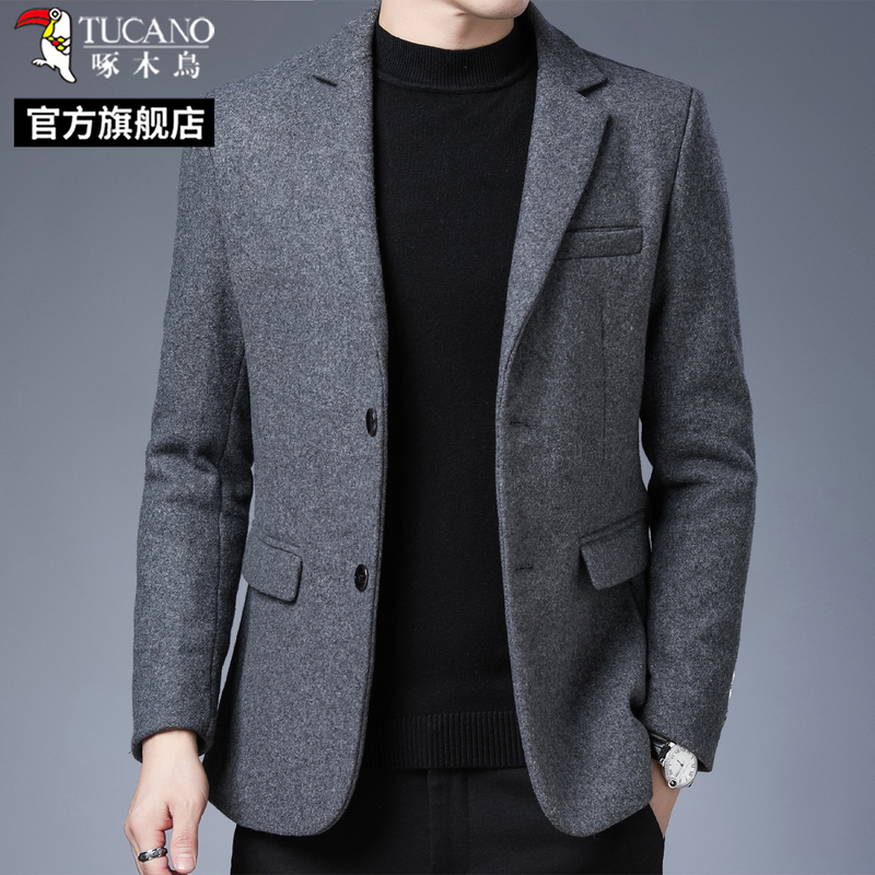 啄木鸟2025秋冬季小西装外套爸爸羊毛呢子加厚中年男士西服加厚C