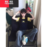 YIBUSHENG美式复古辣妹正肩短袖t恤女季2024新款撞色插肩袖修身短款上衣