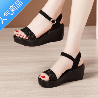 SUNTEK新品一字带坡跟中跟凉鞋女2023夏新款松糕厚底防水台亮片百搭女鞋