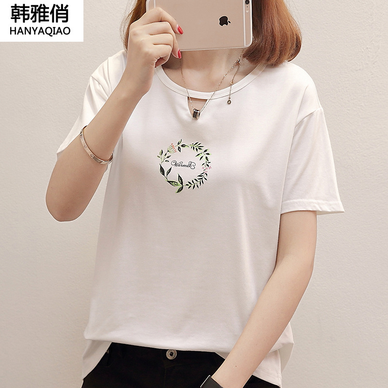 韩雅俏(HANYAQIAO)2018新品韩版印花案白色t恤女简约宽松文艺甜美小清新短袖体恤