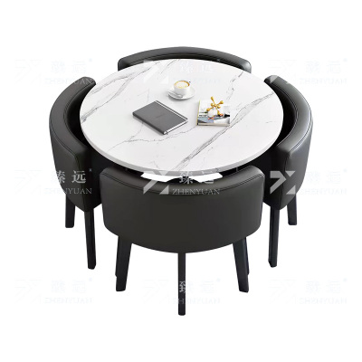 臻远 ZY4100933 简约接待桌椅洽谈桌椅 一桌四椅 白石根圆黑色皮椅