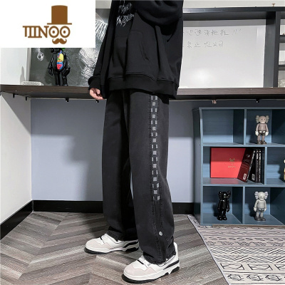 YANXU美式ins高街格子拼接牛仔裤男宽松直筒阔腿裤春季潮牌坠感长裤子