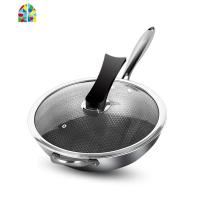304不锈钢锅炒锅 无油烟无涂层电磁炉燃气灶家用多功能炒菜锅 FENGHOU 34CM双面全屏(单锅)