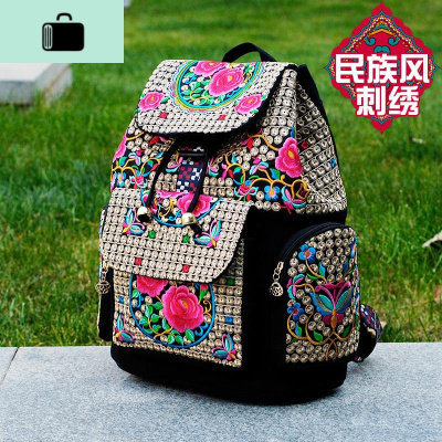 新款刺绣双肩包女民族风女大容量休闲百搭帆布背包旅行包学生书包NEW LAKE