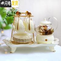 三维工匠英式下午茶茶具 欧式花茶茶具花茶杯套装 陶瓷玻璃煮水果蜡烛茶壶 金玫瑰(4杯碟+壶)含铁架+金勺(托盘简装)