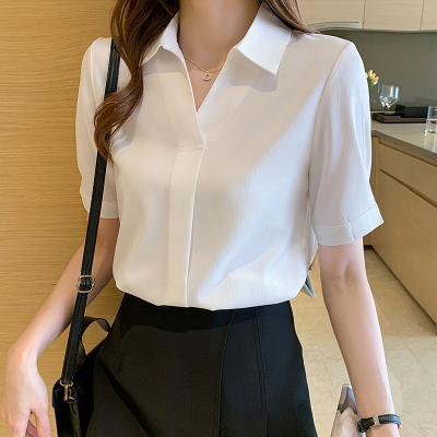 雅馨季白色雪纺衬衫女夏装2021年新款气质职业面试衬衣洋气百搭短袖上衣