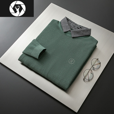 HongZun假两件男士毛衣新款2020爆款衬衫领套头针织衫打底加厚内搭秋冬季毛衣