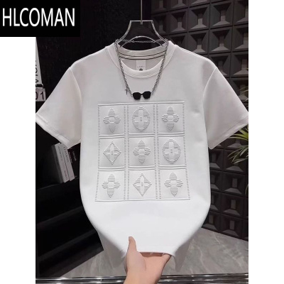HLCOMAN2025夏季新款男士百搭重工字母钢印短袖T恤时尚休闲圆领套头上衣