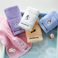 洁丽雅-纯棉儿童洗脸毛巾家用舒适柔软可爱小狗面巾 四条装 48g/条 50*25cm 白+紫+红+兰 E3112