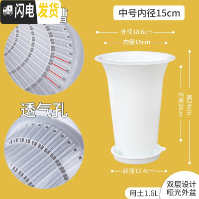 三维工匠美莳控根兰花盆塑料双层加厚透明透气超越紫砂兰专用花盆沥水罩 内径15cm外白内透明+托盘 中等花盆容器