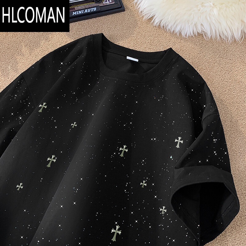 HLCOMAN满天星短袖T恤男夏季美式高街设计感宽松青少年星空衣服