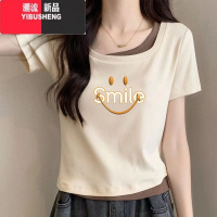 YIBUSHENG大码女装辣妹正肩短袖t恤女2024新款季胖mm显瘦假两件上衣印花